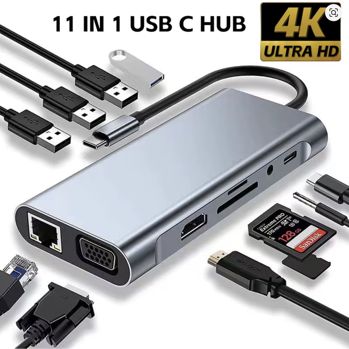 GENERICO - Adaptador convertidor 11 en 1 tipo C USB, HDMI, Rj45, HDMI, VGA, expansión acoplamiento divisor para Portátil y MacBook Pro Air