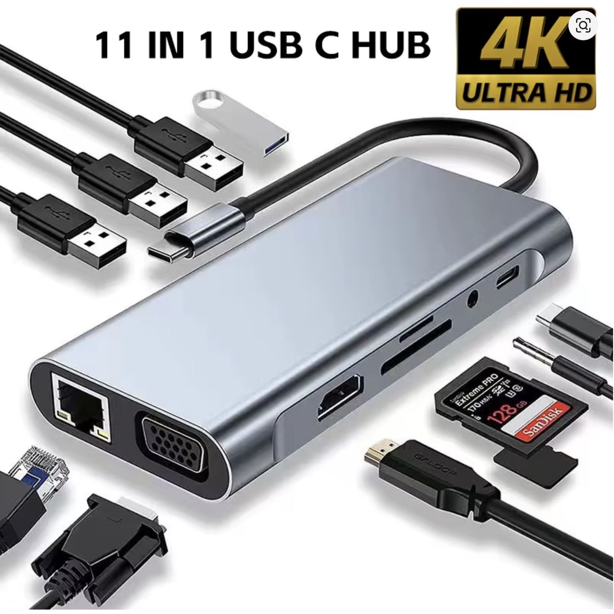 GENERICO - Adaptador convertidor 11 en 1 tipo C USB, HDMI, Rj45, HDMI, VGA, expansión acoplamiento divisor para Portátil y MacBook Pro Air