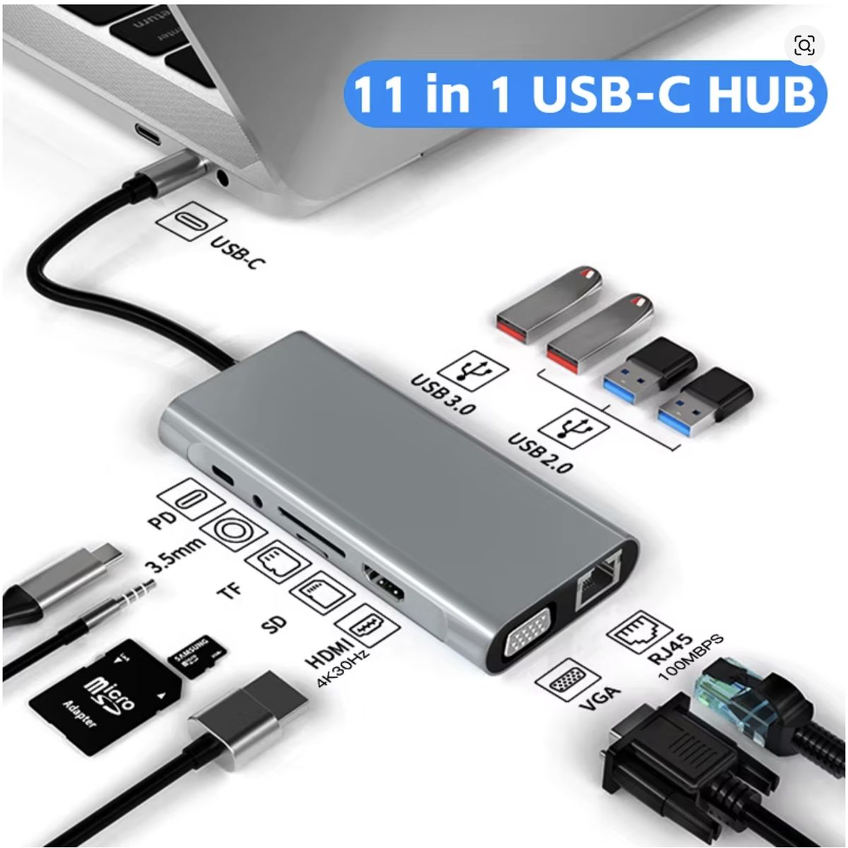 GENERICO - Adaptador convertidor 11 en 1 tipo C USB, HDMI, Rj45, HDMI, VGA, expansión acoplamiento divisor para Portátil y MacBook Pro Air