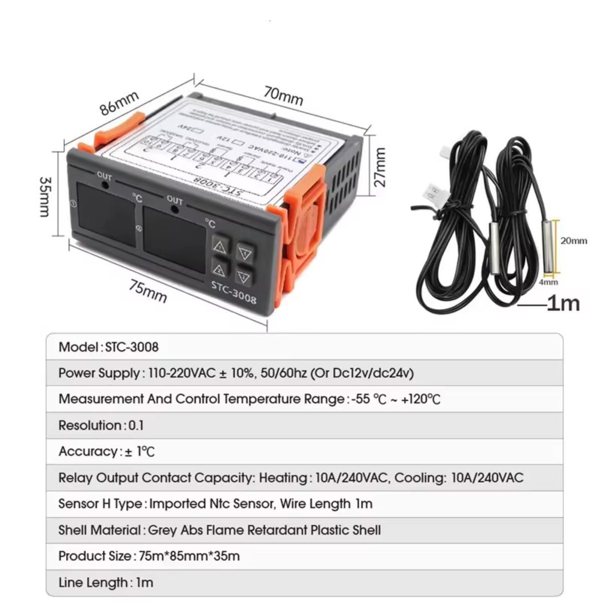 GENERICO - Controlador Digital de Temperatura Dual STC-3008 con 2 Relés 110/220V