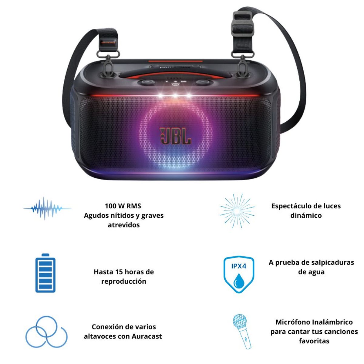 JBL - JBL PartyBox On-the-Go 2 Parlante Bluetooth Portátil con Micrófono y Luces