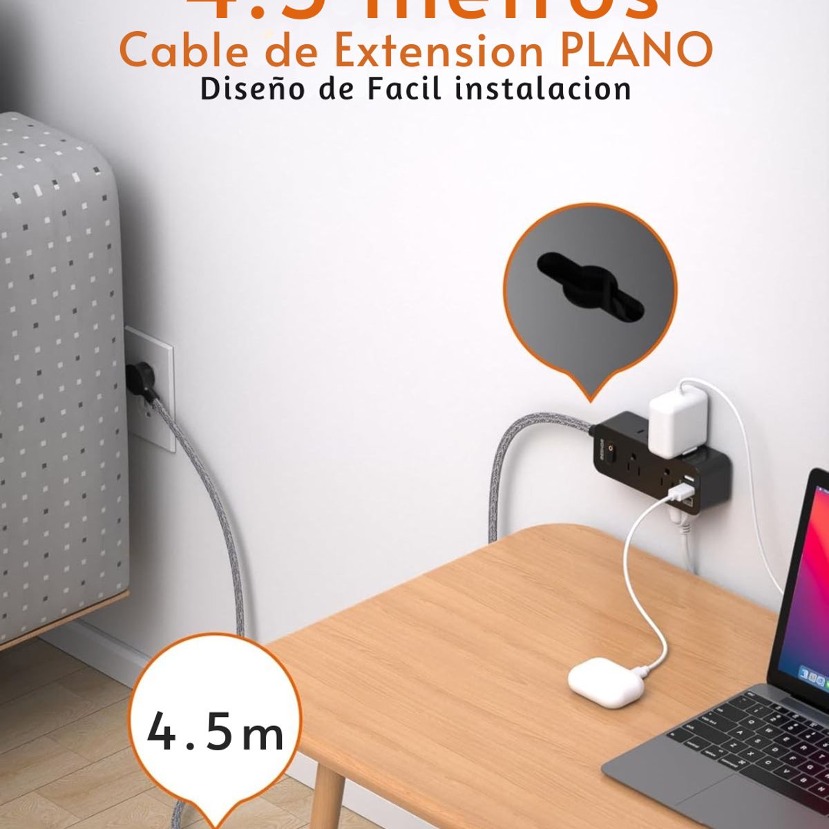 BE - Multitoma Inteligente Extension Electrica Usb C Plano 45m