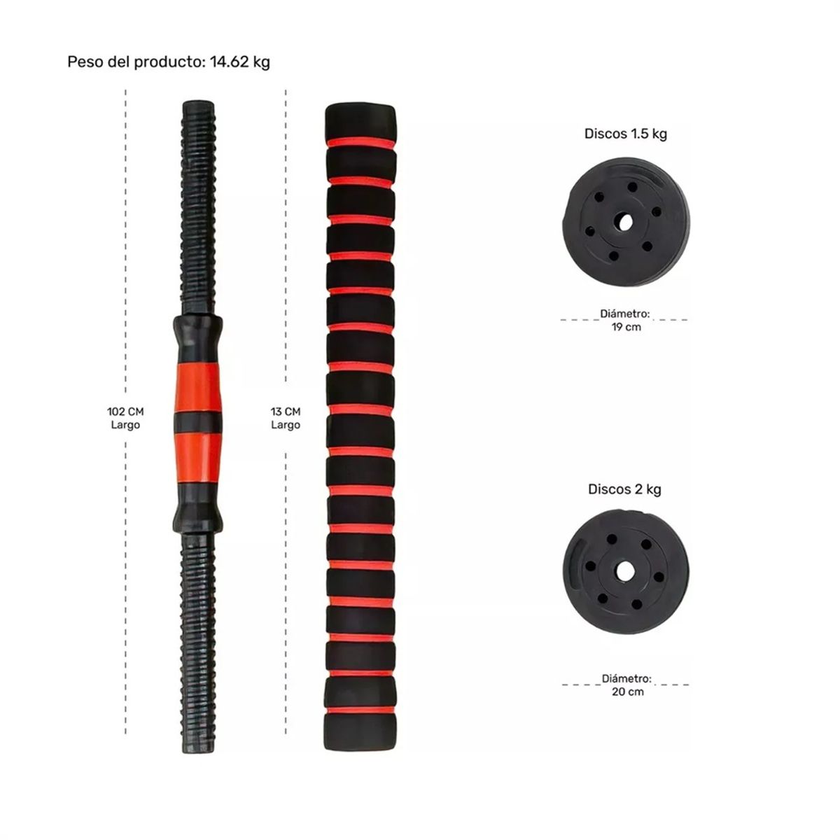 GENERICO - Kit Ajustable de Mancuernas y Barra 20 Kg Entrenamiento Hogar