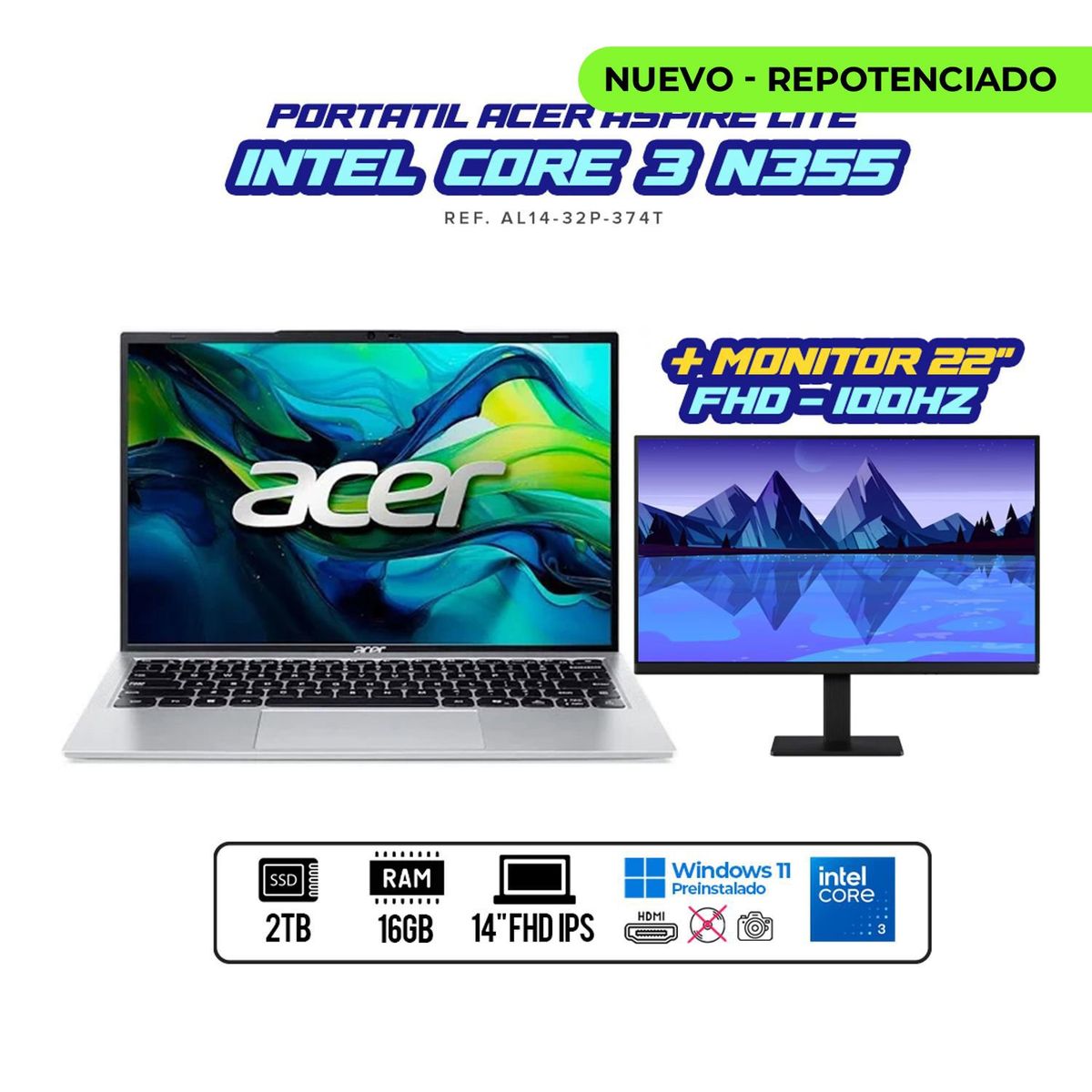 ACER - PORTATIL ACER ASPIRE INTEL CORE 3 N355 / Monitor 22" 100Hz / RAM 16GB DDR5 / SSD 2TB / Silver