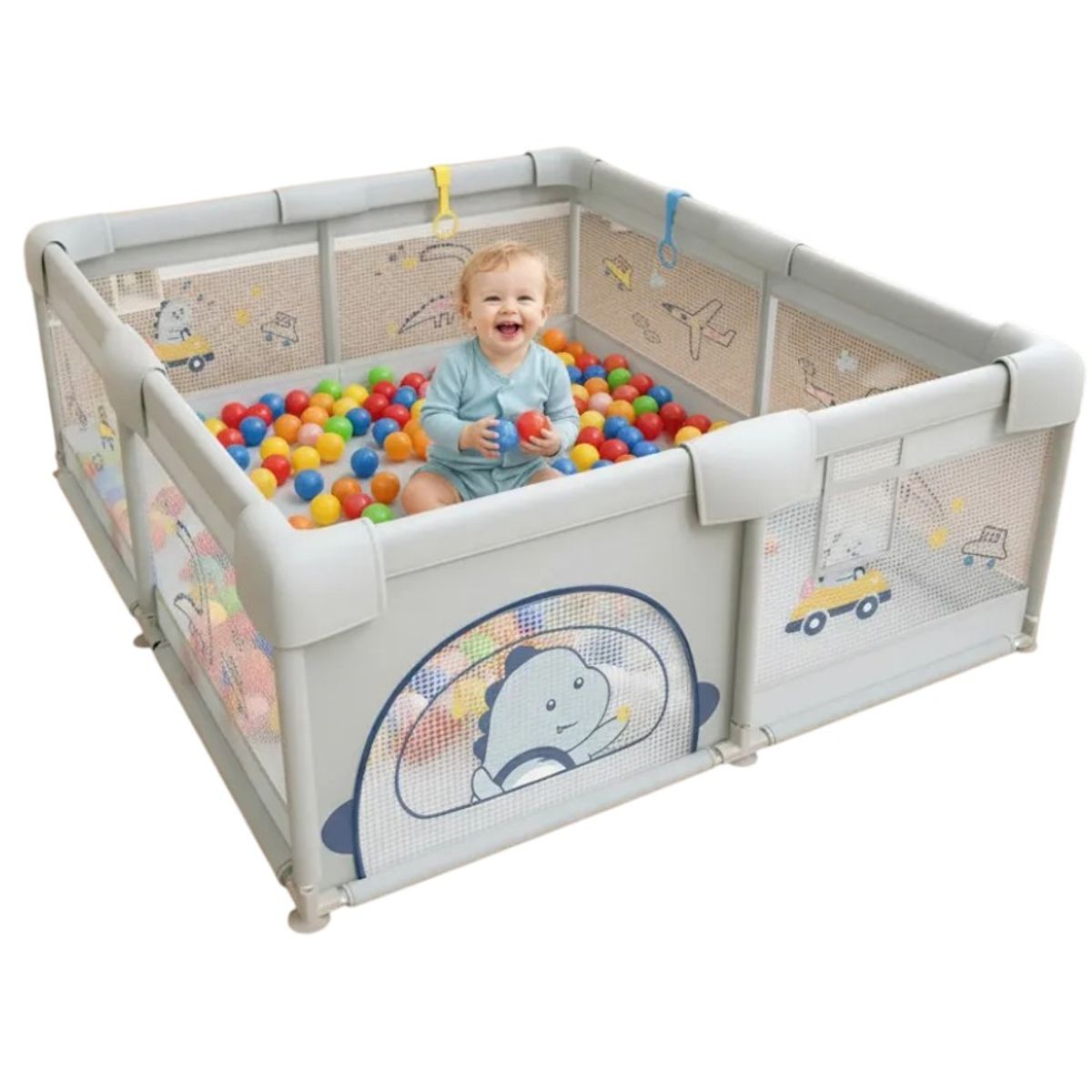 KIDSHOP - Parque Infantil Corral De Juegos Con 60 Pelotas Tapete Gateo YHBWL008 GRIS