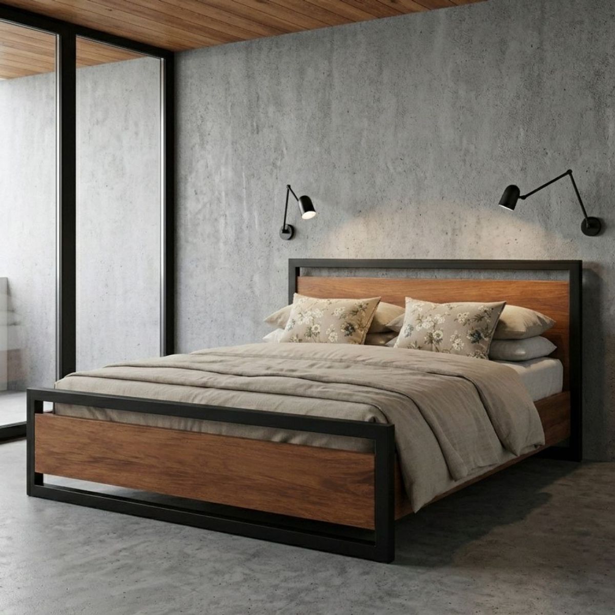 22 GRADOS DECORACION - Cama May King Size En Laminado Roble Y Metal 210cm x 210cm