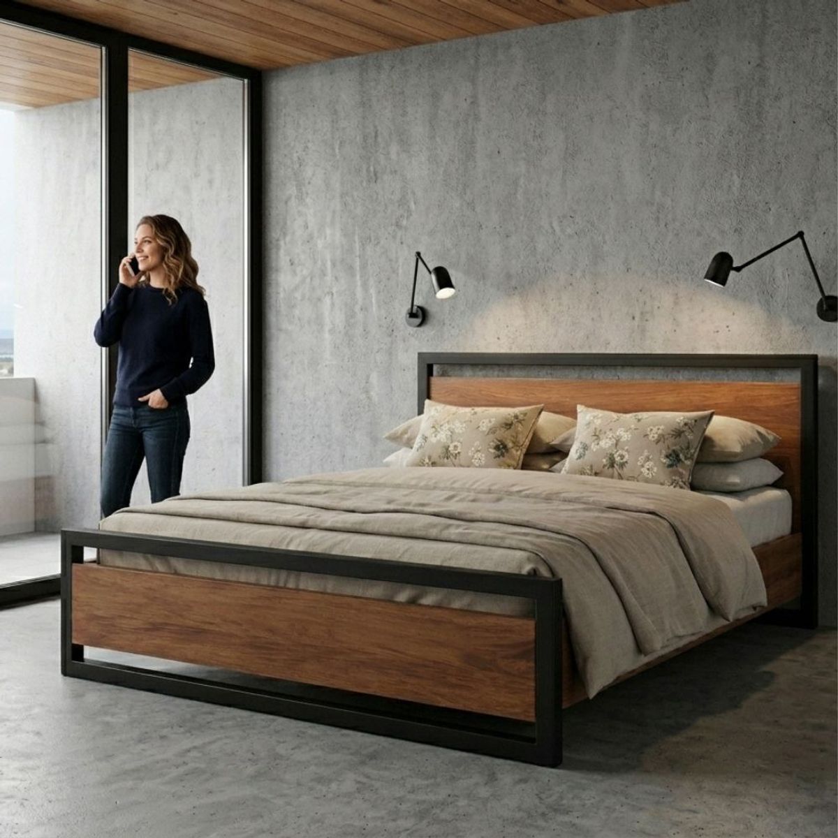 22 GRADOS DECORACION - Cama May King Size En Laminado Roble Y Metal 210cm x 210cm