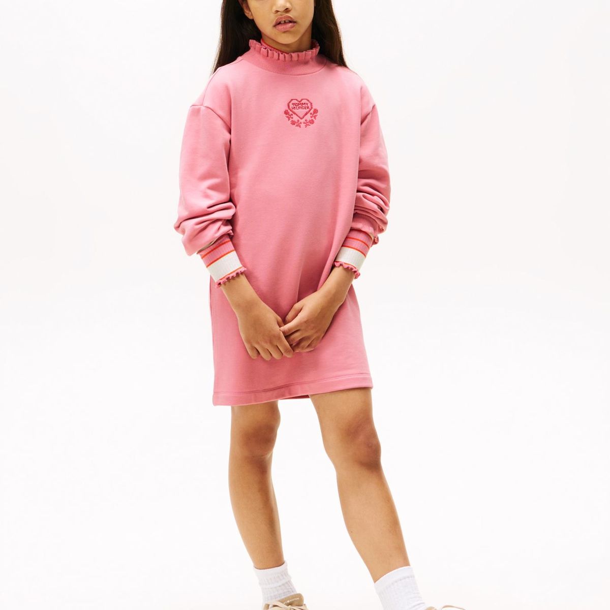 TOMMY HILFIGER - Vestido rosado con volantes y logo Tommy Hilfiger