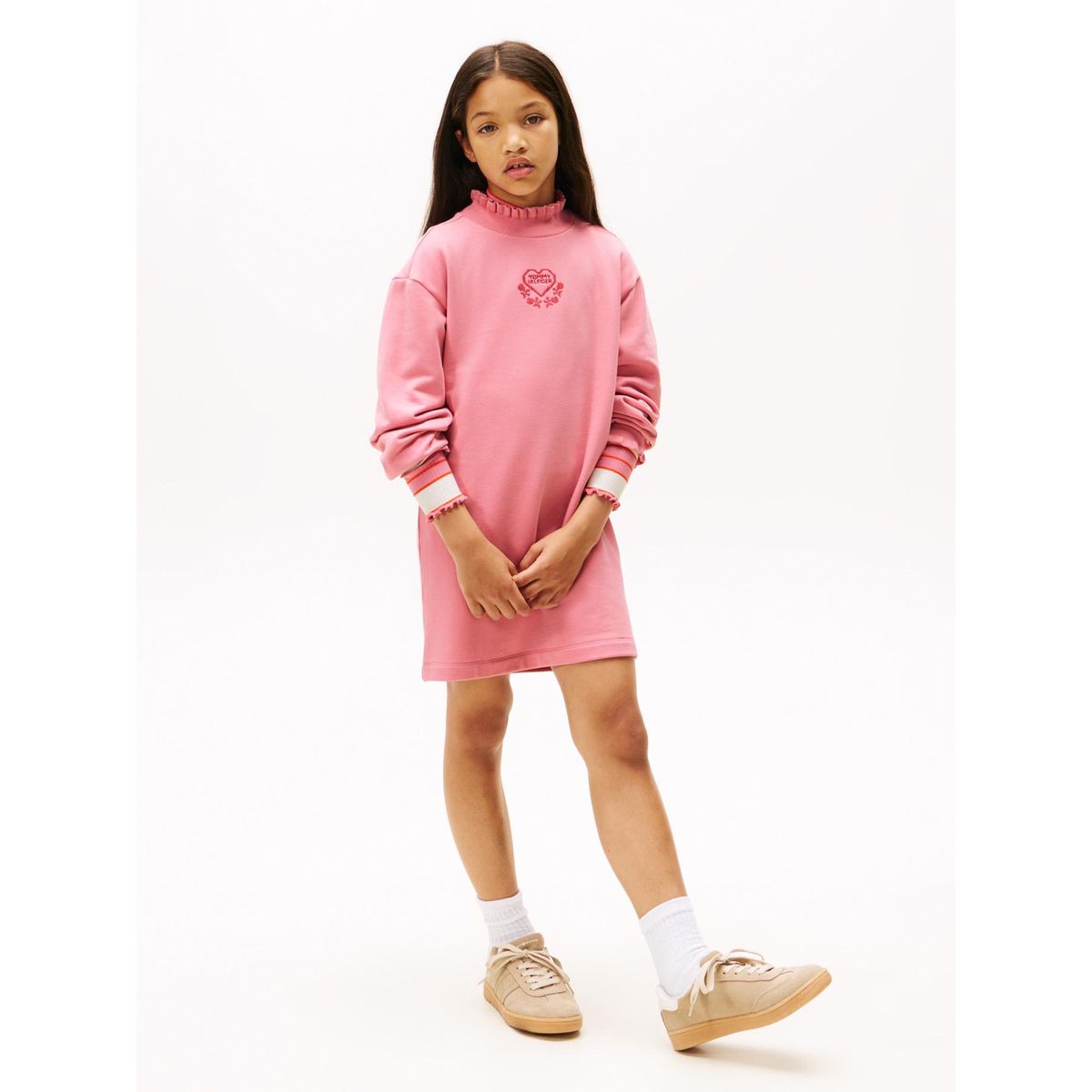 TOMMY HILFIGER - Vestido rosado con volantes y logo Tommy Hilfiger