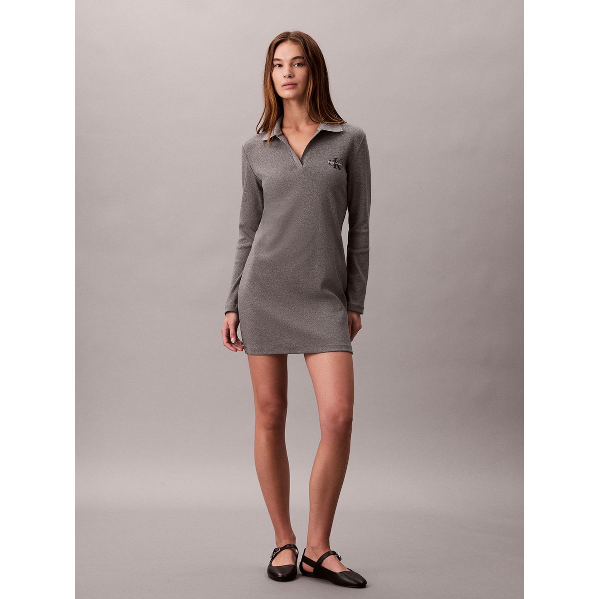 CALVIN KLEIN - Vestido gris polo acanalado de manga larga Calvin Klein