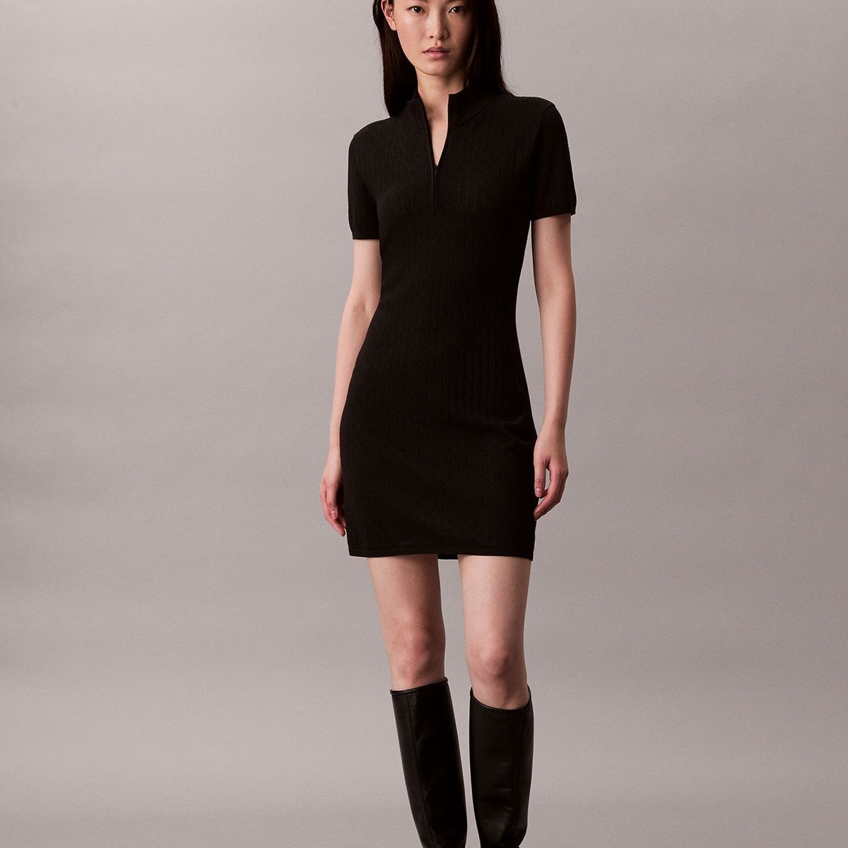 CALVIN KLEIN - Vestido negro mini tipo saco tejido con 1/4 cremallera Calvin Klein