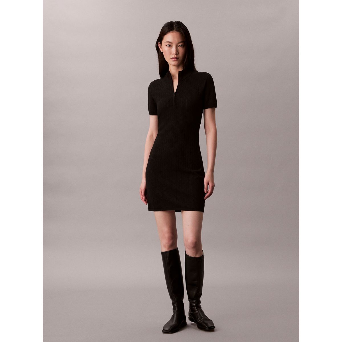 CALVIN KLEIN - Vestido negro mini tipo saco tejido con 1/4 cremallera Calvin Klein