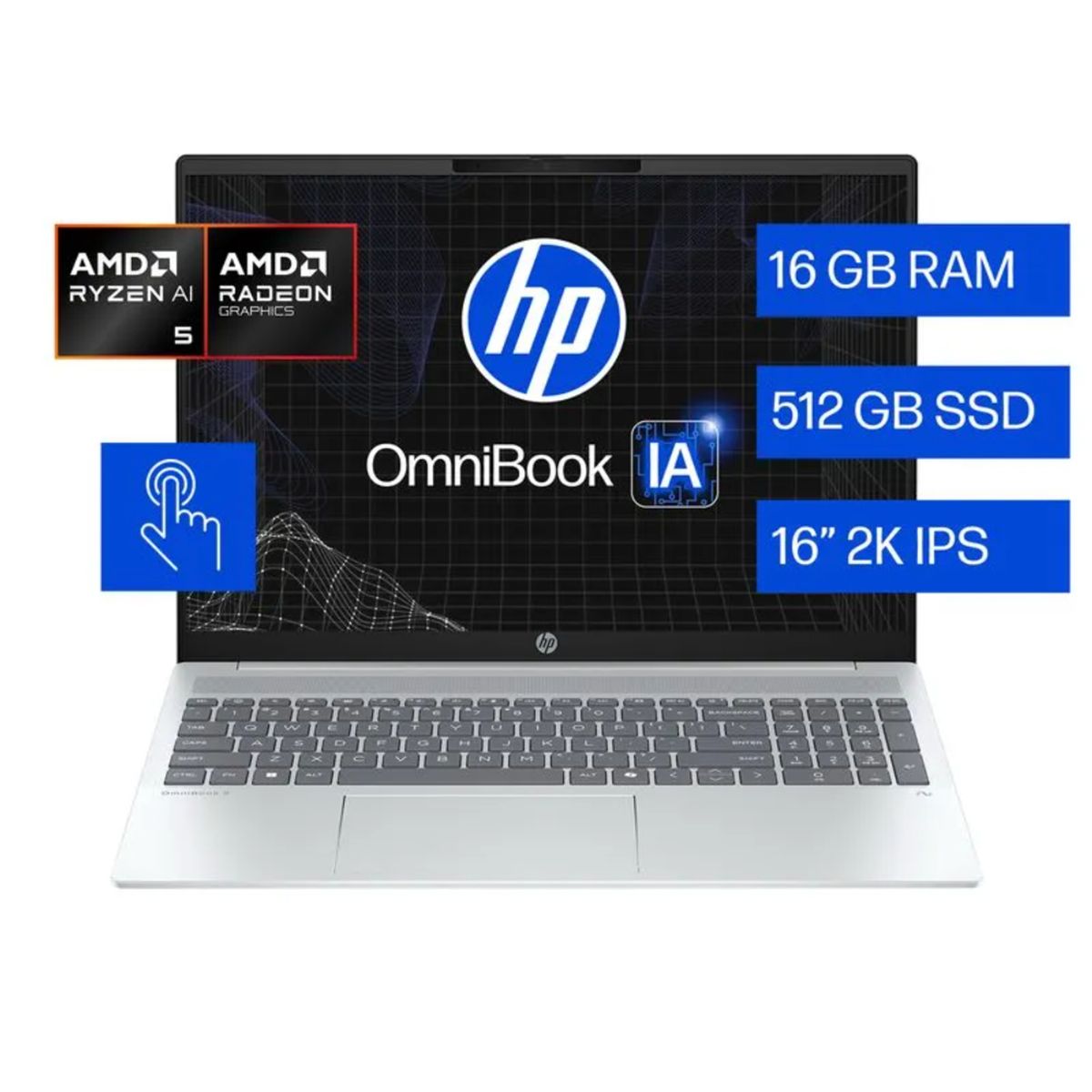 HP - Laptop HP OmniBook 5 AI 16-ag1052la, AMD Ryzen AI 5, 16 GB RAM, 512 GB SSD, 16" Táctil 2K,