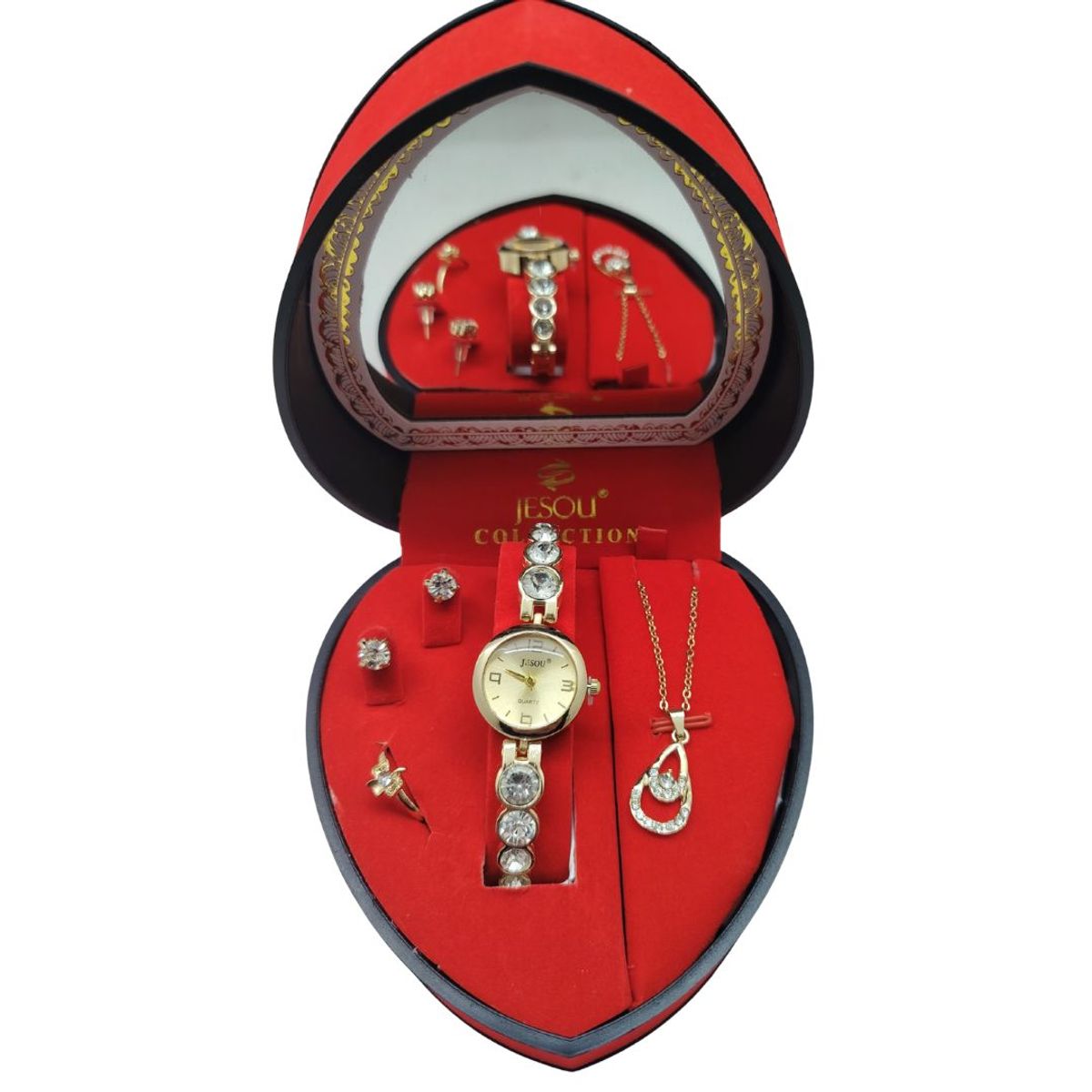 GENERICO - Set Reloj Mujer Con Joyería Aretes Collar Anillo Regalo Rojo