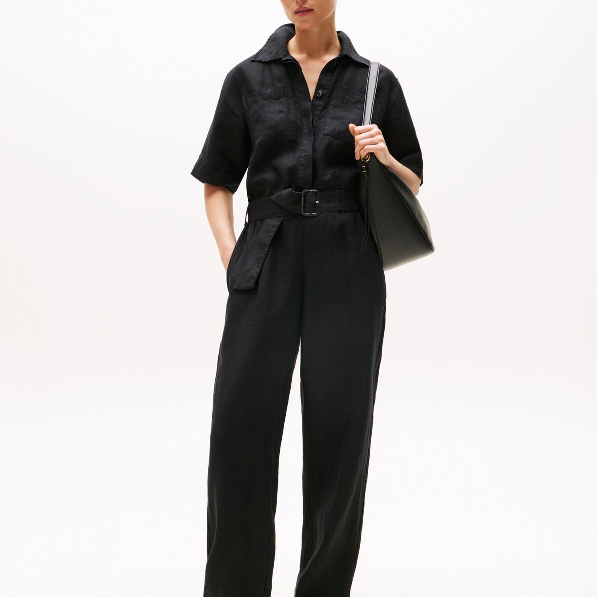 TOMMY HILFIGER - Mono negro de manga corta en mezcla de lino Tommy Hilfiger
