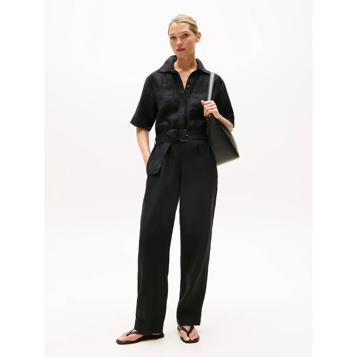 TOMMY HILFIGER - Mono negro de manga corta en mezcla de lino Tommy Hilfiger
