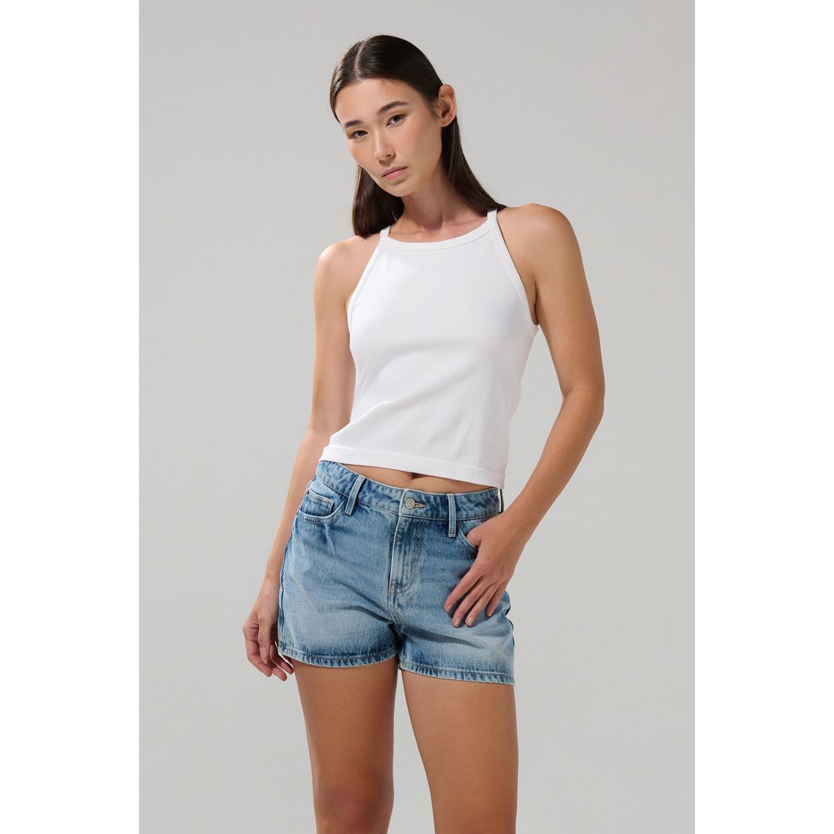 KOAJ - KOAJ Short de jean tiro alto 5 bolsillos azul claro con desg Mujer