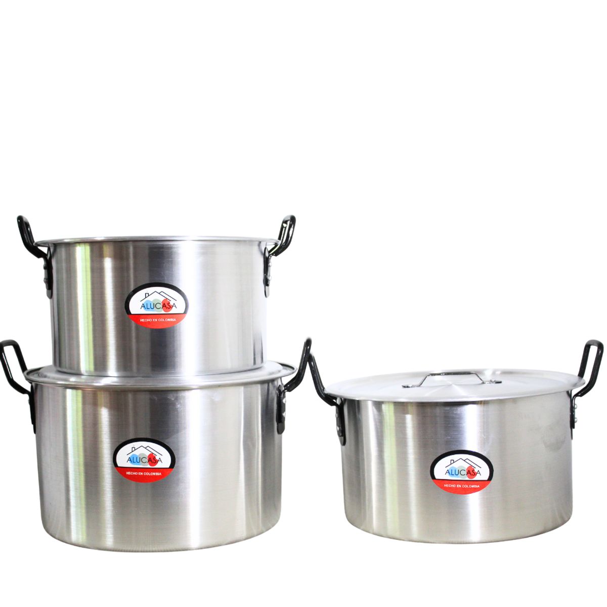 GENERICO - SET DE OLLAS GRANDES X3 UNIDADES 8 - 12 - 14 LITROS EN ALUMINIO CON AGARRADERAS