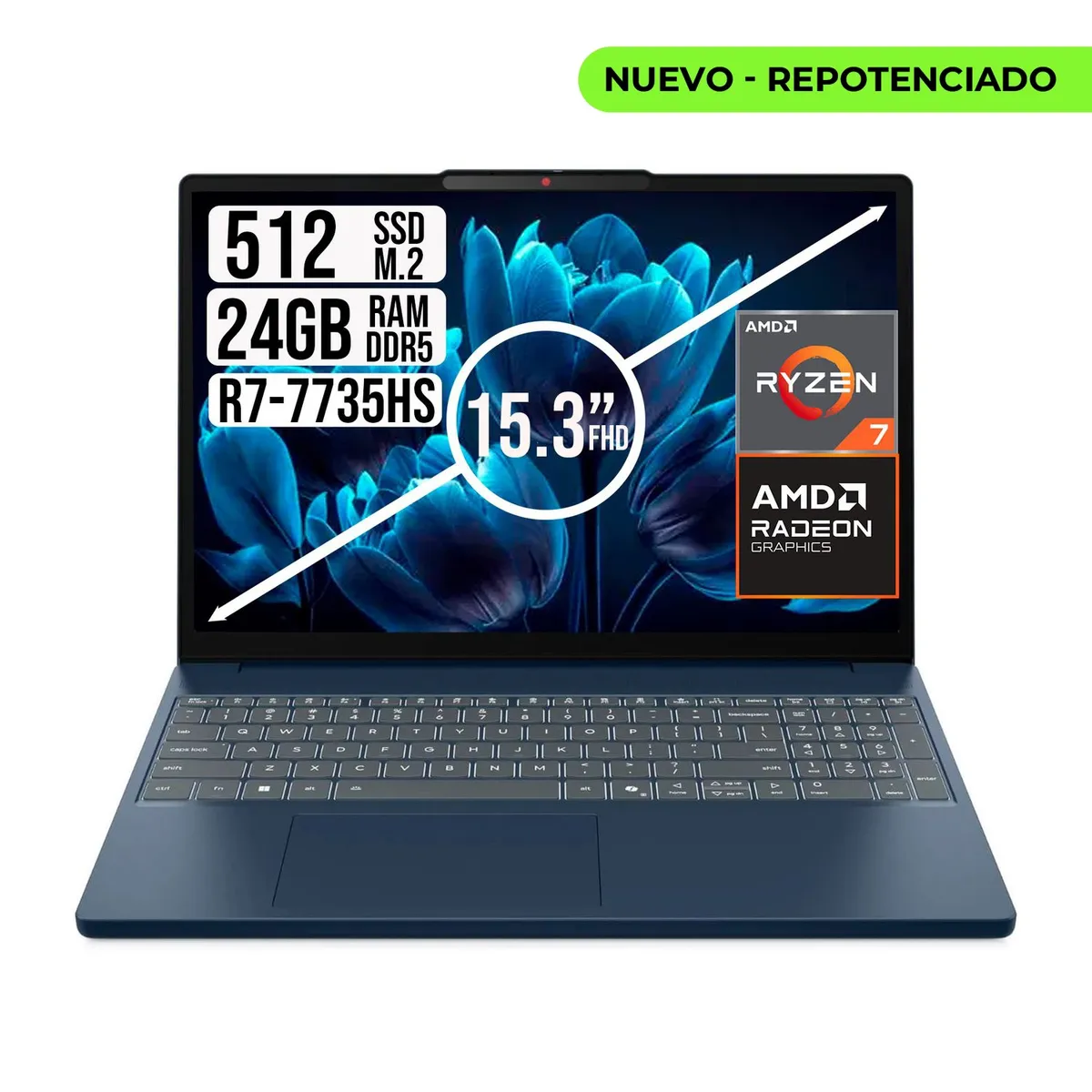 Lenovo - PORTATIL Lenovo IdeaPad Slim 3 AMD Ryzen 7 7735HS 24GB RAM 512GB SSD 15.3” WUXGA AZUL