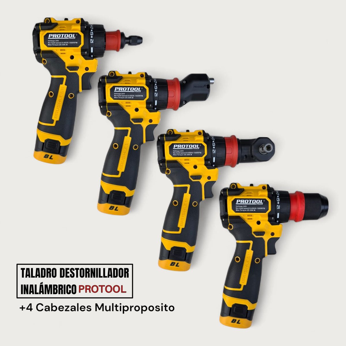 PROTOOL - Taladro Atornillador De Impacto 24v Inalámbrico 4 Cabezotes Amarillo 110v 50/60hz