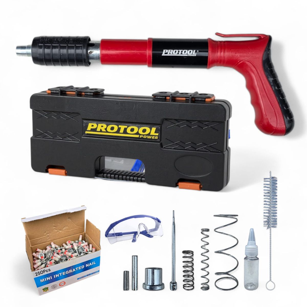 PROTOOL - Pistola De Fijacion Tiro A Tiro Drywall + 250 Clavos Pared