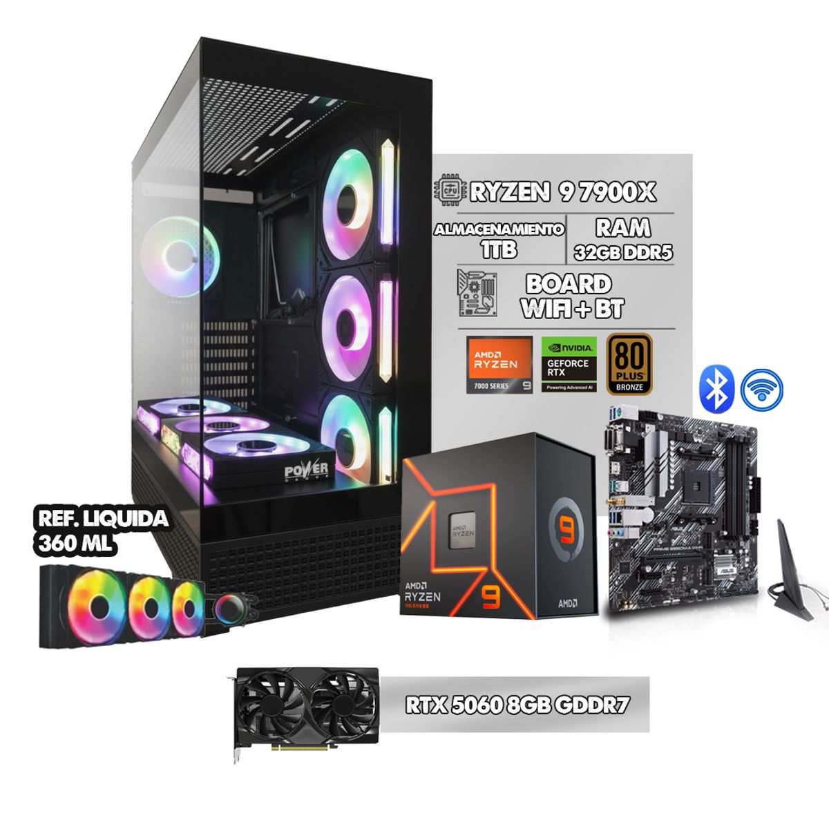 POWER GROUP - COMPUTADOR GAMER RYZEN 9 7900X + RTX 5060 8GB/ LIQUIDA 360ML/ RAM 32GB/ 1TB/ BOARD AM5 WI-FI