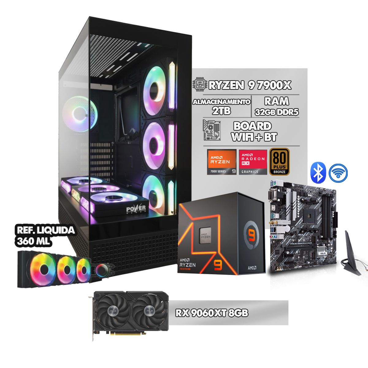 POWER GROUP - COMPUTADOR GAMER RYZEN 9 7900X + RX 9060XT 8GB/ LIQUIDA 360ML/ RAM 32GB/ 2TB/ BOARD AM5 WI-FI