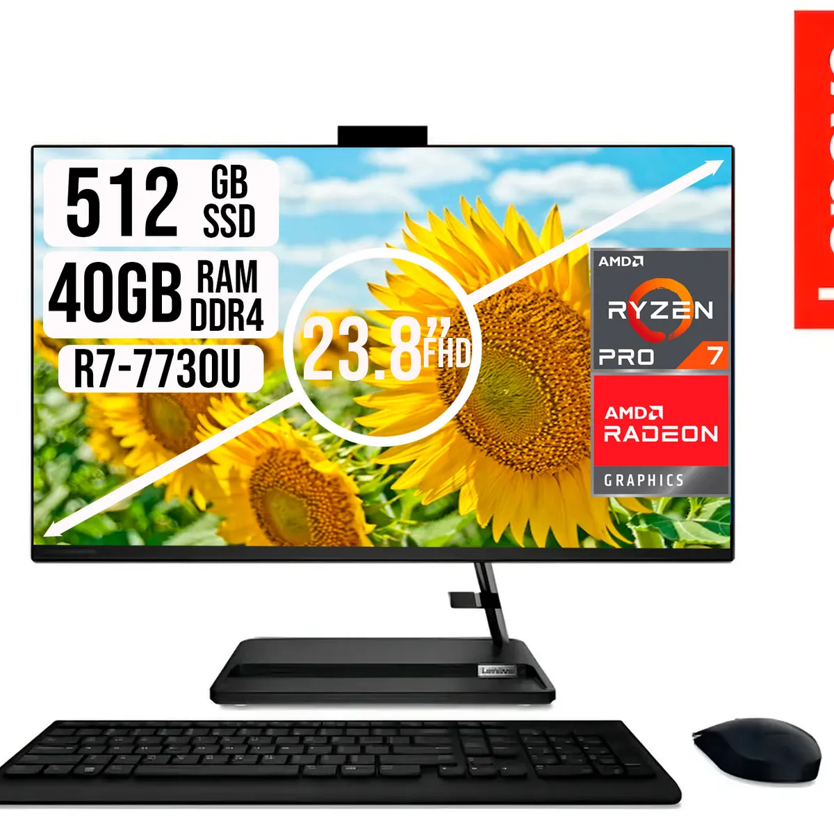 LENOVO - TODO EN UNO LENOVO RYZEN 7-7730U SSD 512GB RAM 40GB LED 23,8 LED NEGRO