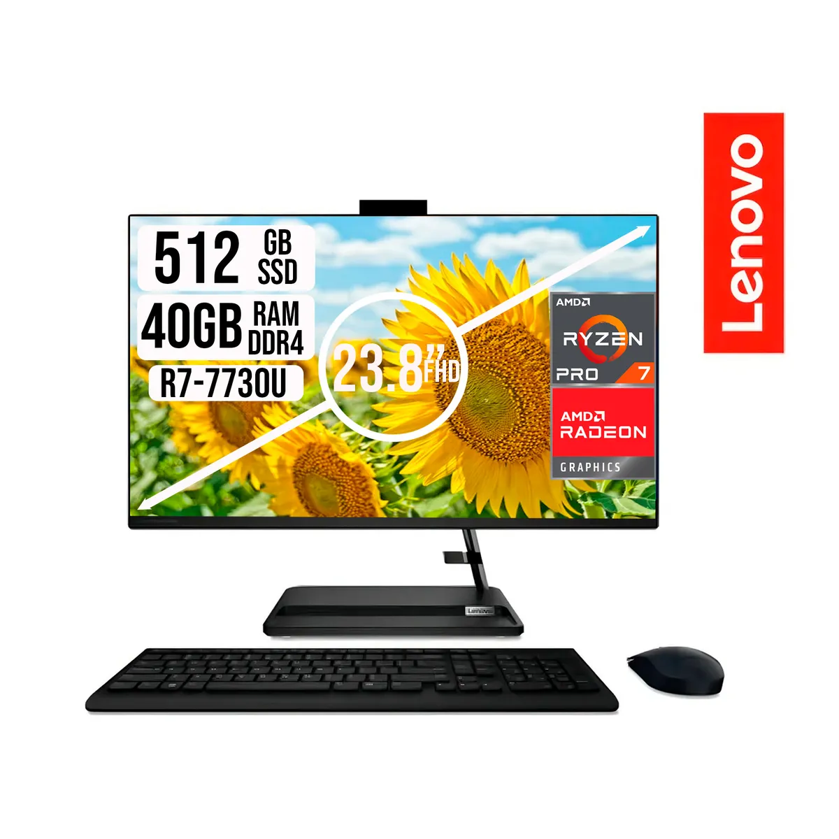 LENOVO - TODO EN UNO LENOVO RYZEN 7-7730U SSD 512GB RAM 40GB LED 23,8 LED NEGRO