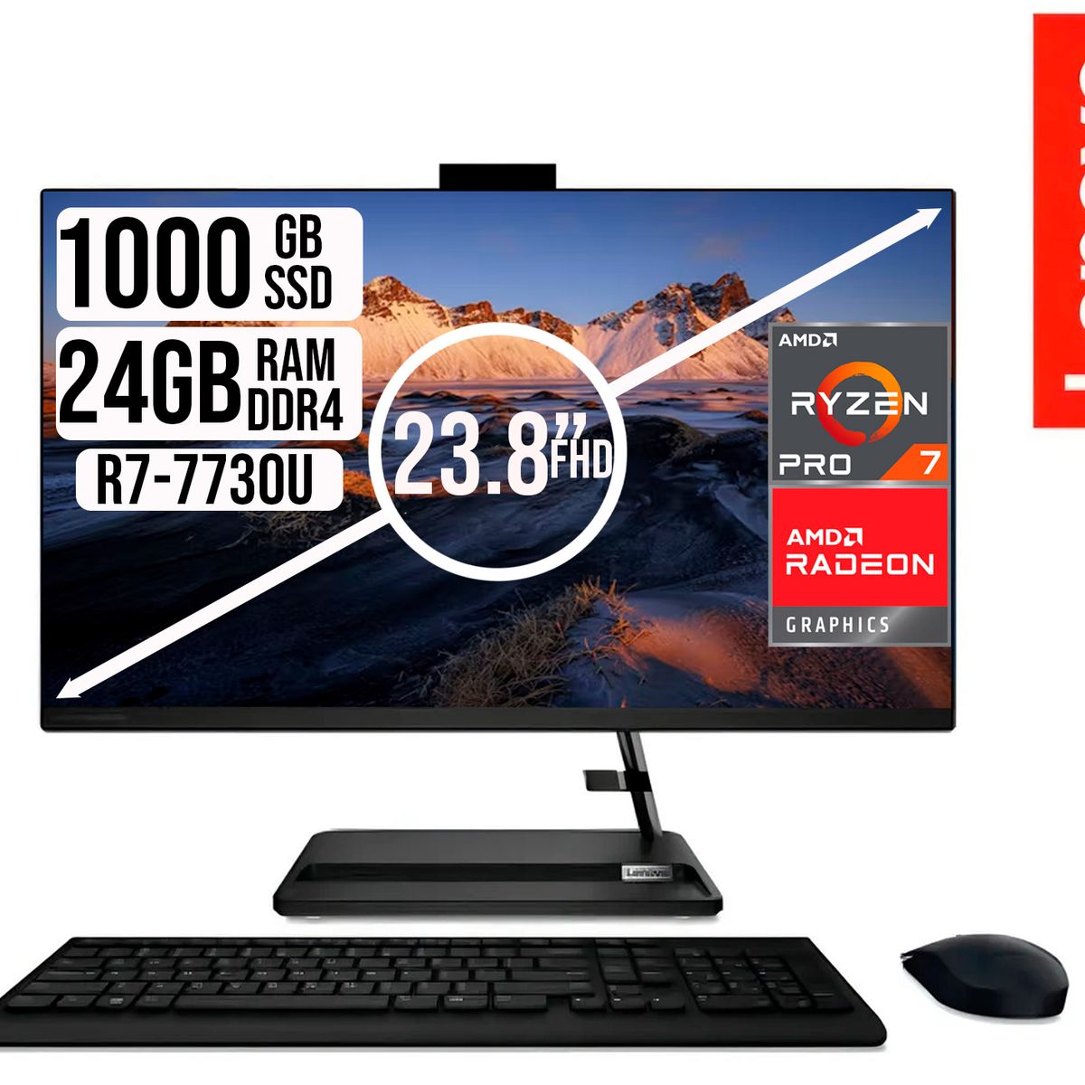 LENOVO - TODO EN UNO LENOVO RYZEN 7-7730U SSD 1TB RAM 24GB LED 23,8 LED NEGRO