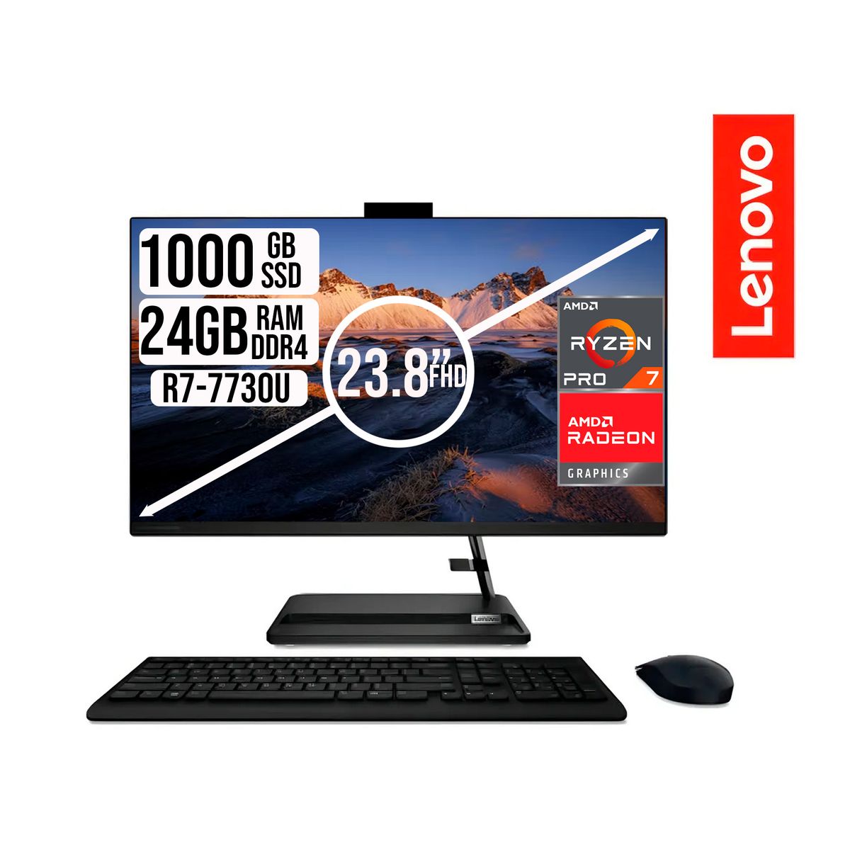 LENOVO - TODO EN UNO LENOVO RYZEN 7-7730U SSD 1TB RAM 24GB LED 23,8 LED NEGRO