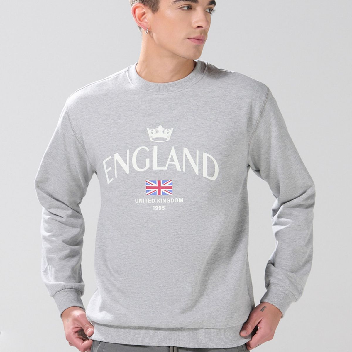 KOAJ - KOAJ Buzo cuello redondo gris medio con diseño college Hombre