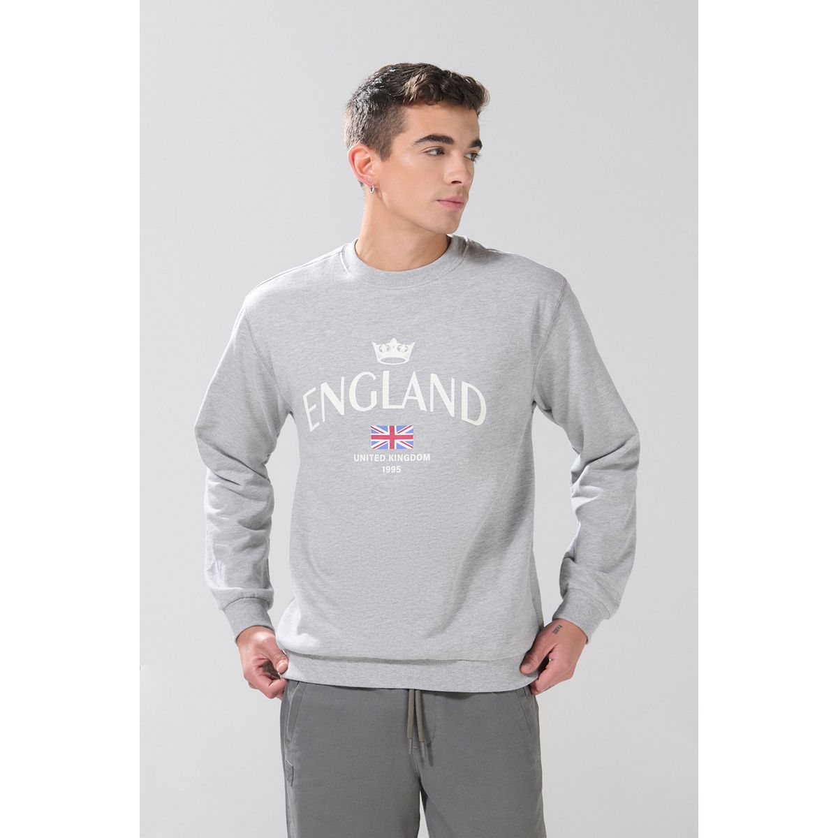 KOAJ - KOAJ Buzo cuello redondo gris medio con diseño college Hombre