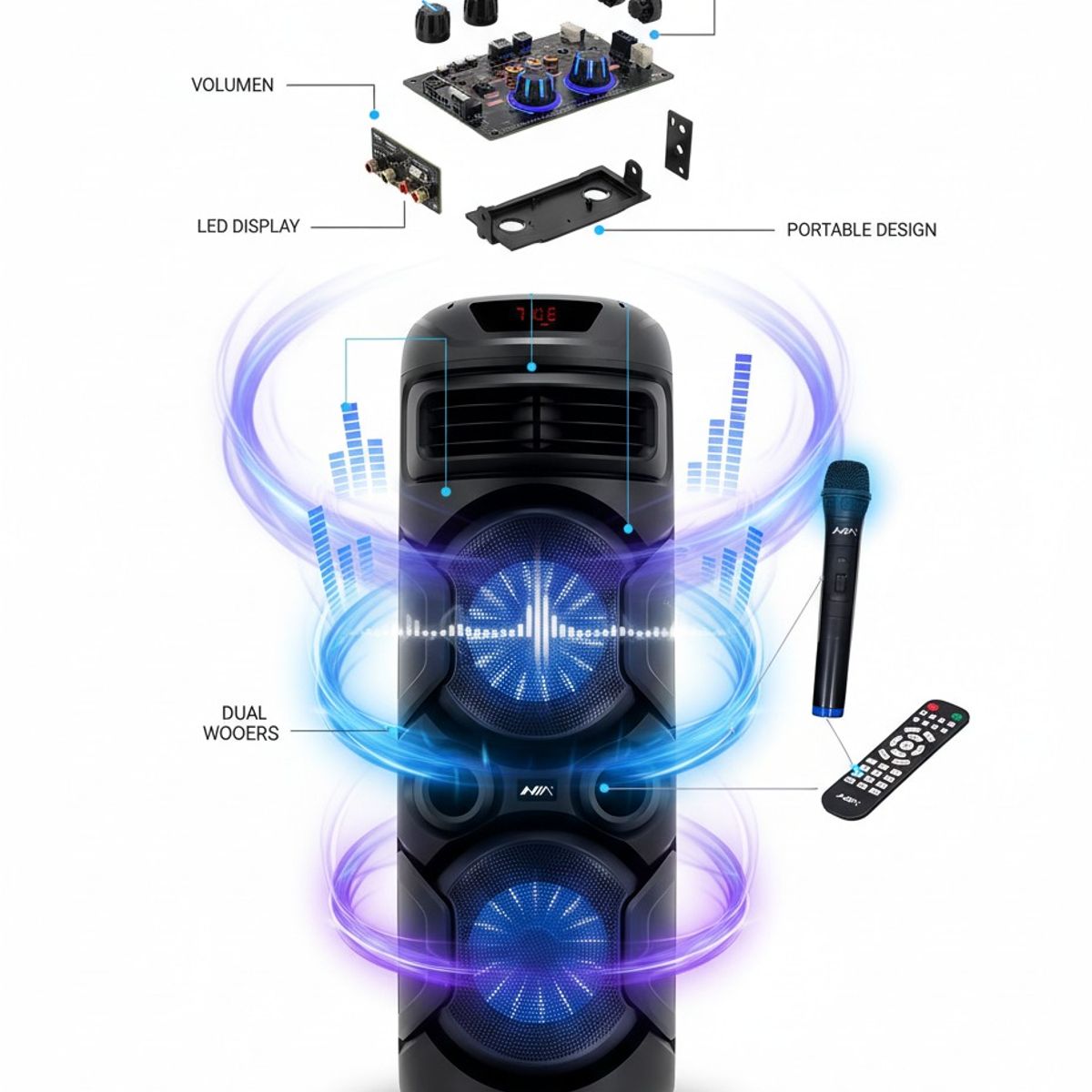 NIA - Parlante Bluetooth Torre 20W con Luces LED RGB  Potente para Fiestas