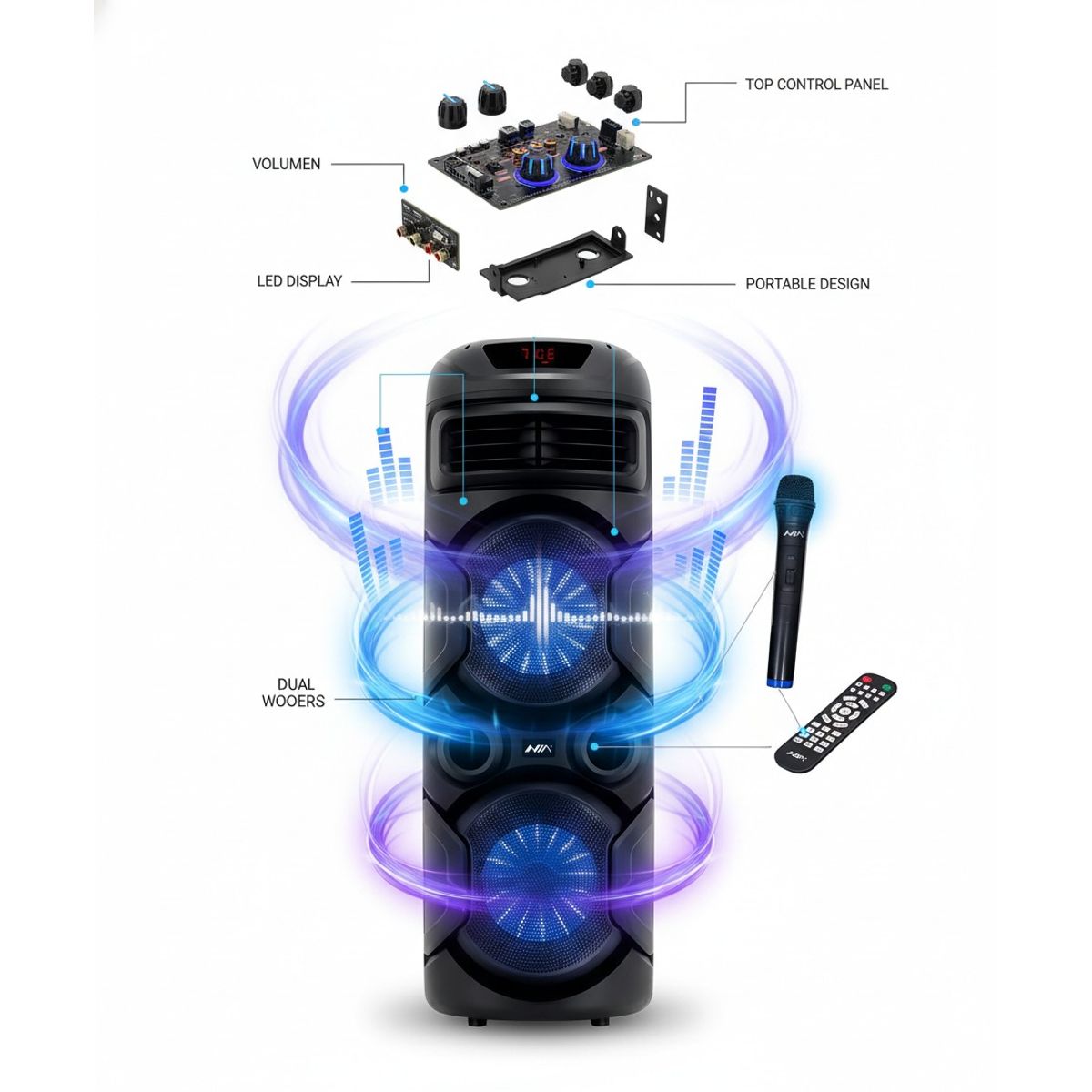 NIA - Parlante Bluetooth Torre 20W con Luces LED RGB  Potente para Fiestas