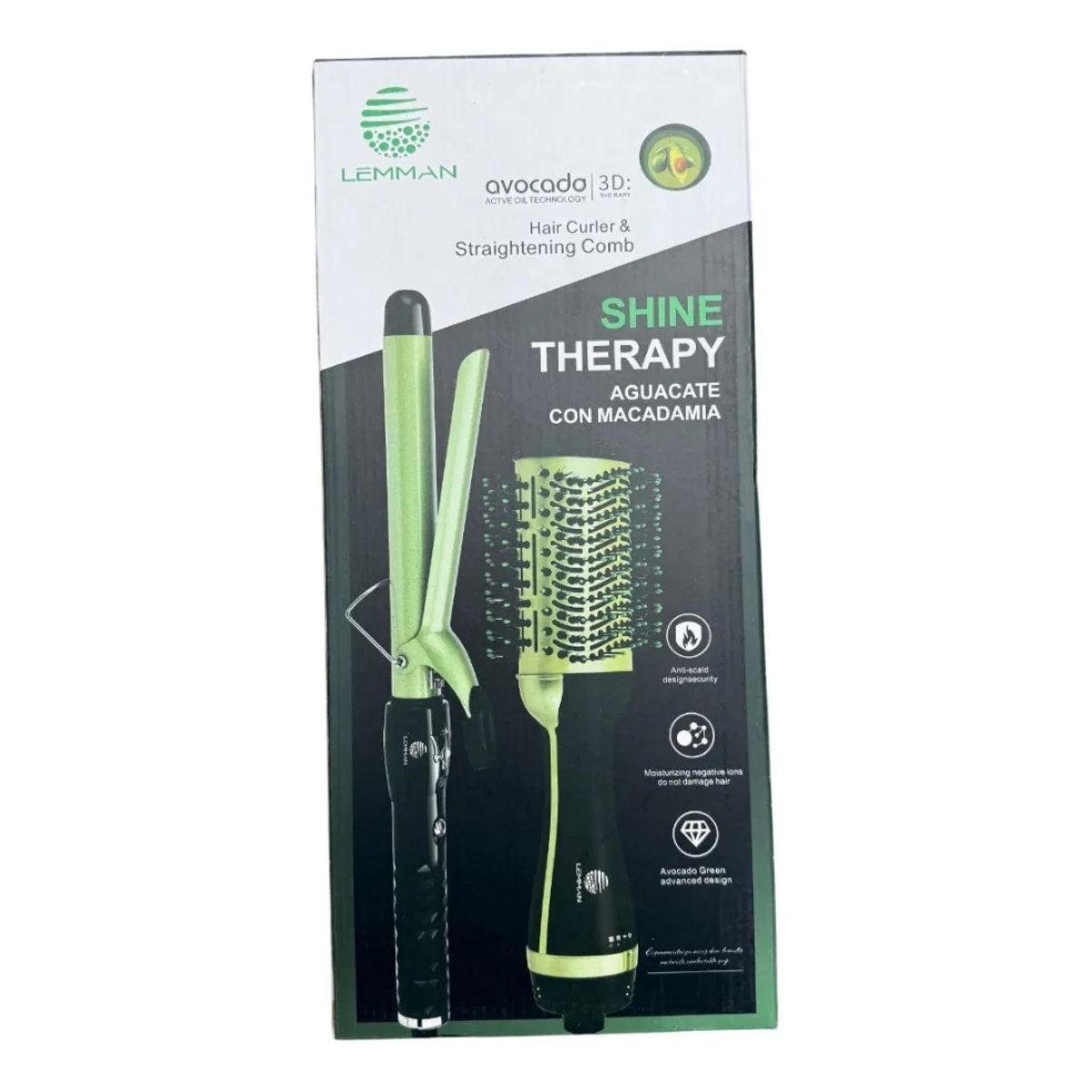 LEMMAN - Combo Cepillo Secador Anti-Frizz + Rizadora Lemman Aguacate Shine Therapy