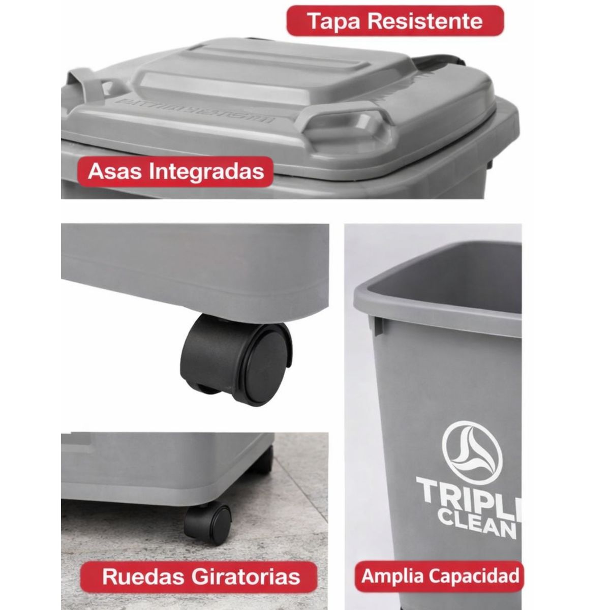 TRIPLE CLEAN - Caneca Cuadrada Plástica Gris 50 Litros Con Ruedas