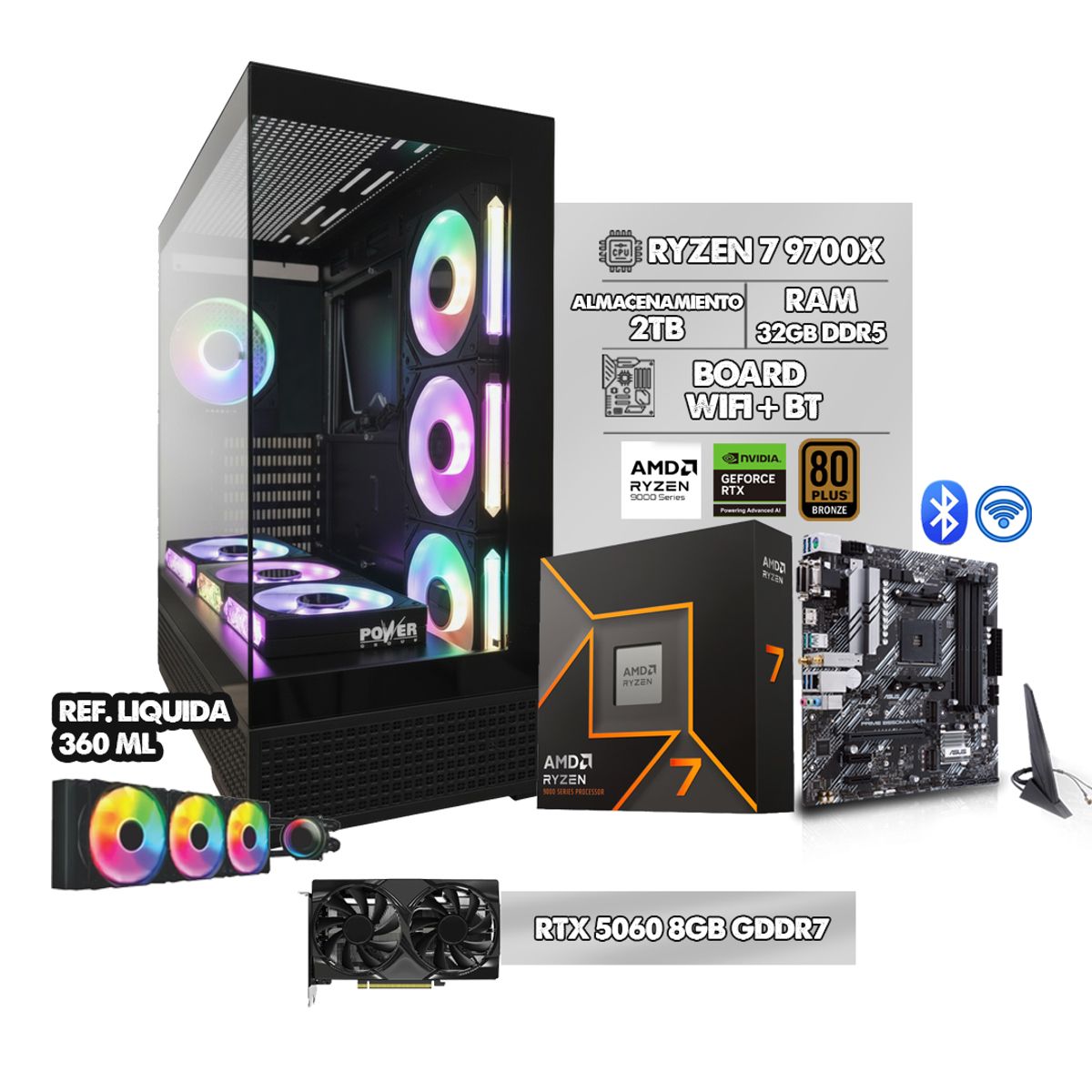 AMD - PC GAMER AMD RYZEN 7 9700X/ RTX 5060 8GB/ LIQUIDA 360MM/ BOARD AM5 WIFI-BT/ RAM 32GB DDR5/ 2TB