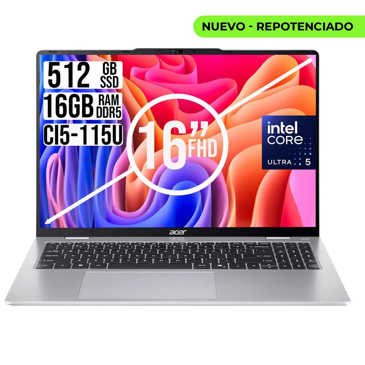 ACER - Portátil Acer Intel Core Ultra 5-115U 16GB RAM 512GB SSD Pantalla 16 WUXGA IPS Nueva Generación