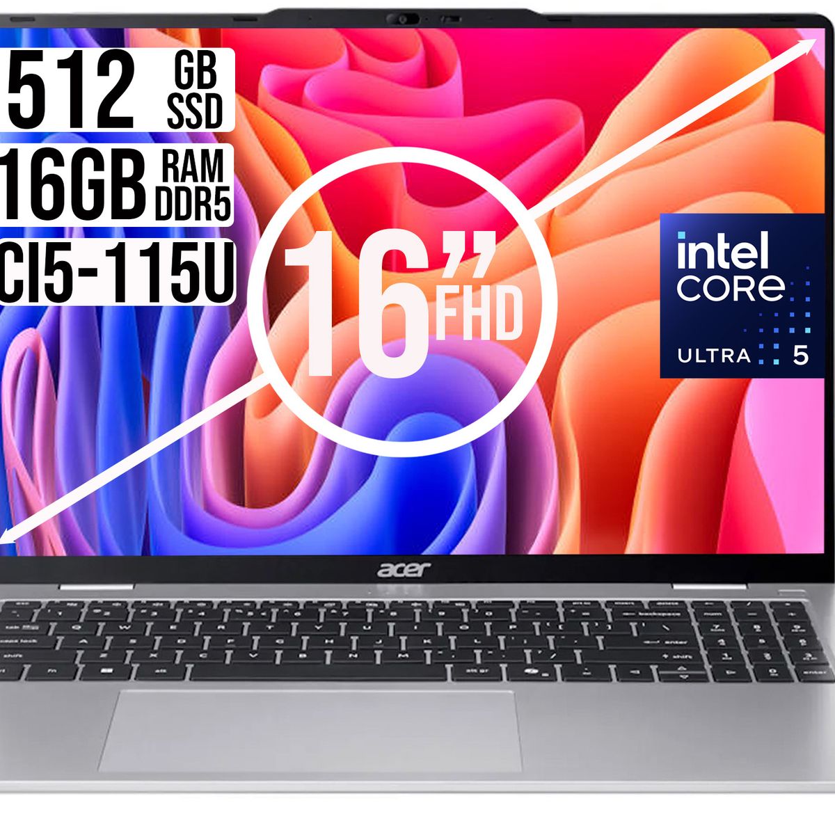 ACER - Portátil Acer Intel Core Ultra 5-115U 16GB RAM 512GB SSD Pantalla 16 WUXGA IPS Nueva Generación
