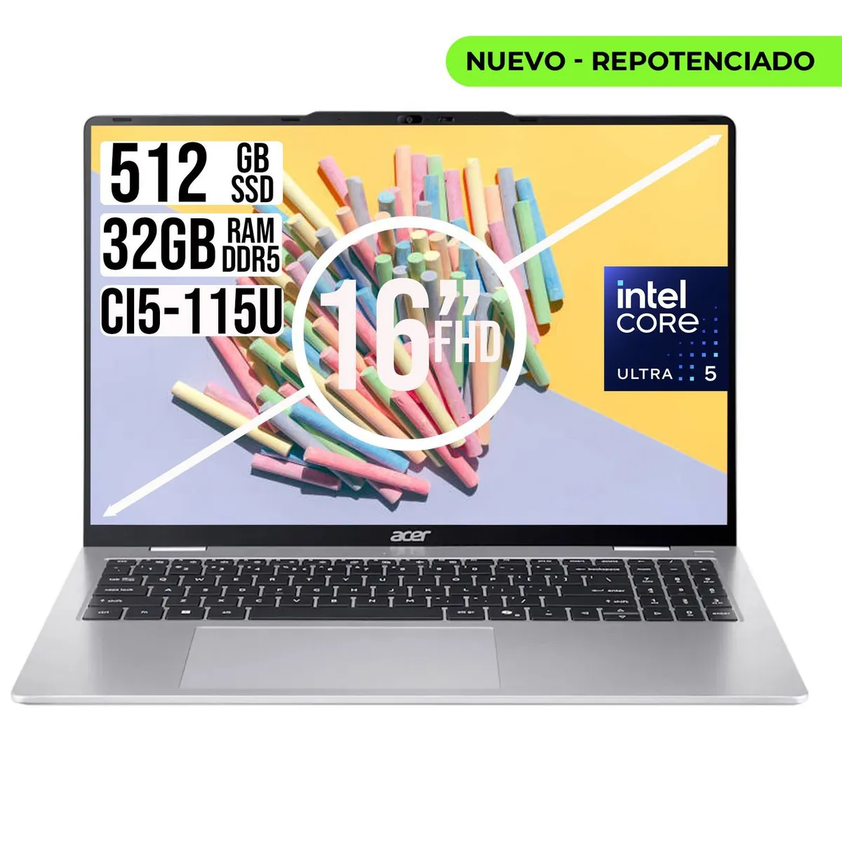 ACER - PORTATIL ACER INTEL CORE ULTRA 5-115U SSD 512GB RAM 32GB WUXGA IPS 16