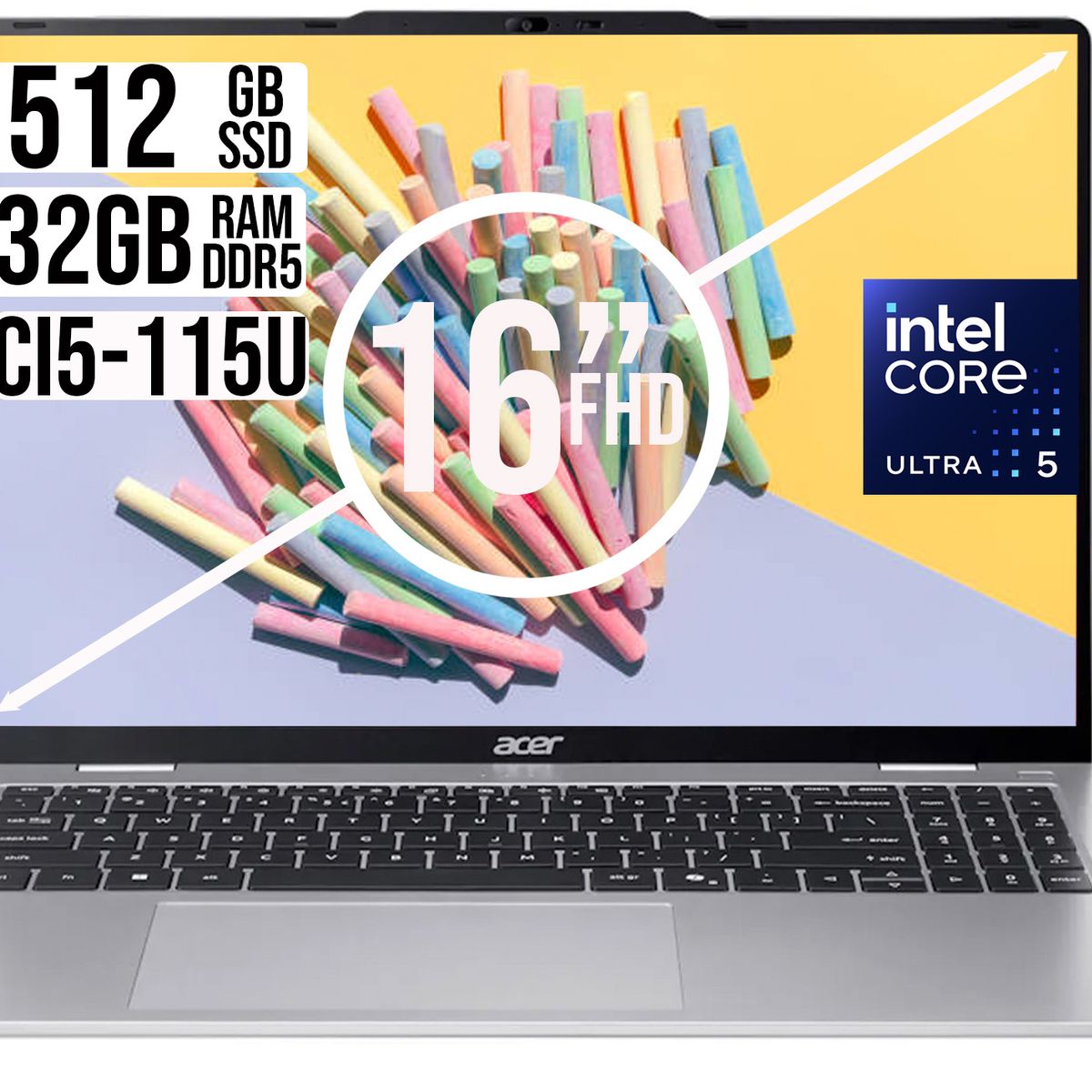 ACER - PORTATIL ACER INTEL CORE ULTRA 5-115U SSD 512GB RAM 32GB WUXGA IPS 16