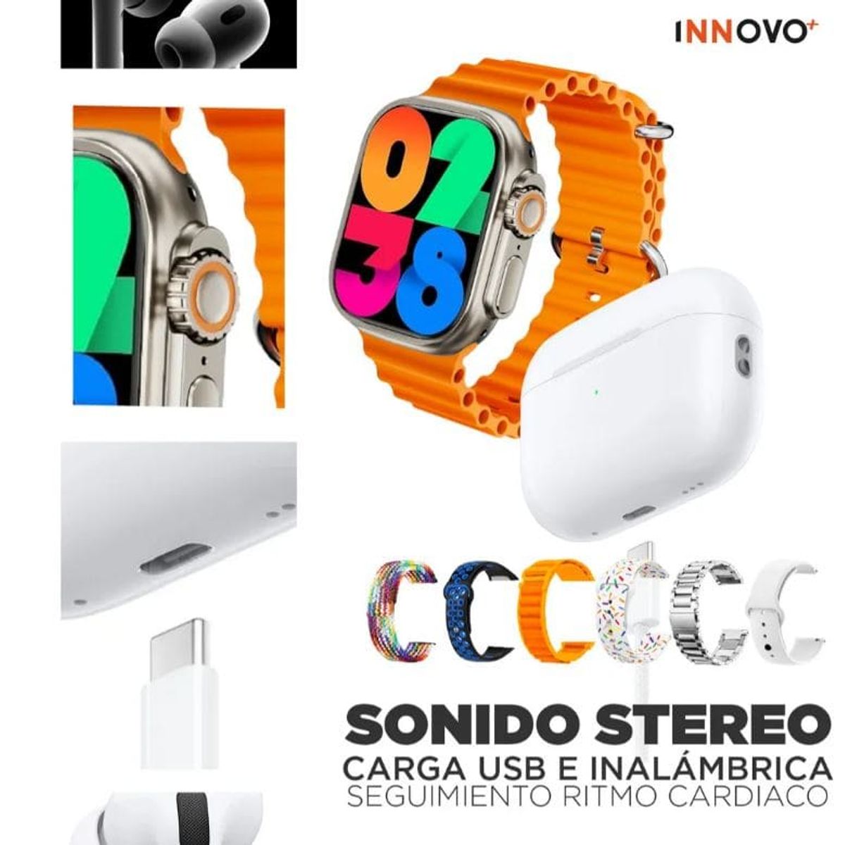 INNOVA - Smartwatch I20 Ultra 3 Max Suit - Kit Completo 7 Correas + Audífonos Mesh Mesh