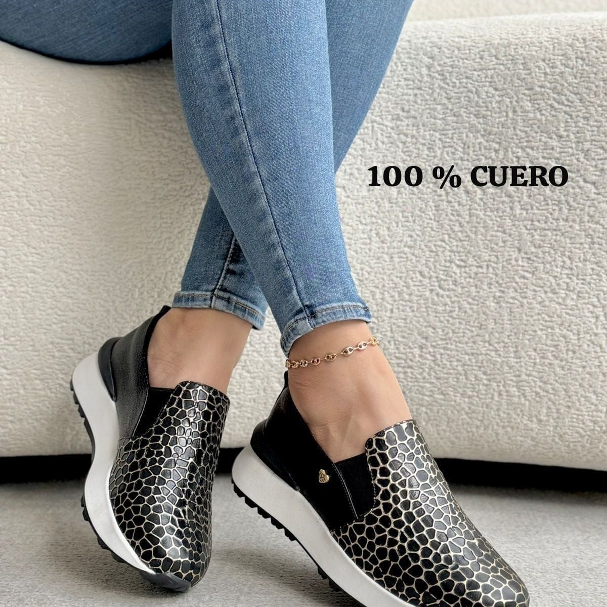 EVEGONZ - Tenis Negro en Cuero Zapatos sin Cordones Cómodos