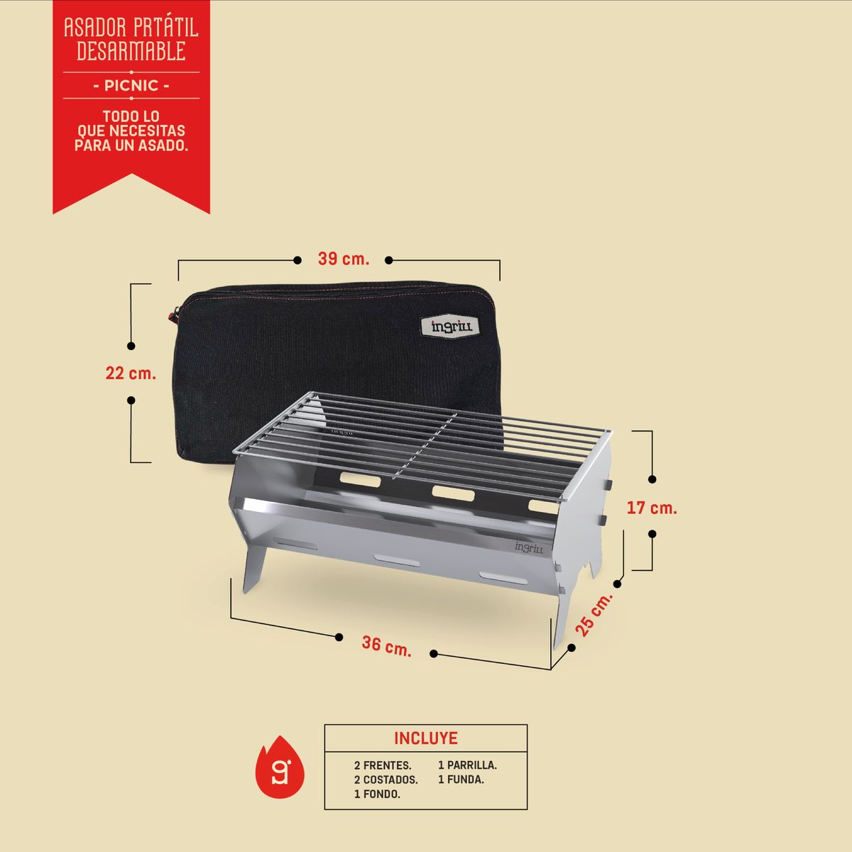 IN GRILL - ASADOR PICNIC PORTÁTIL EN ACERO INOXIDABLE A CARBÓN - INGRILL