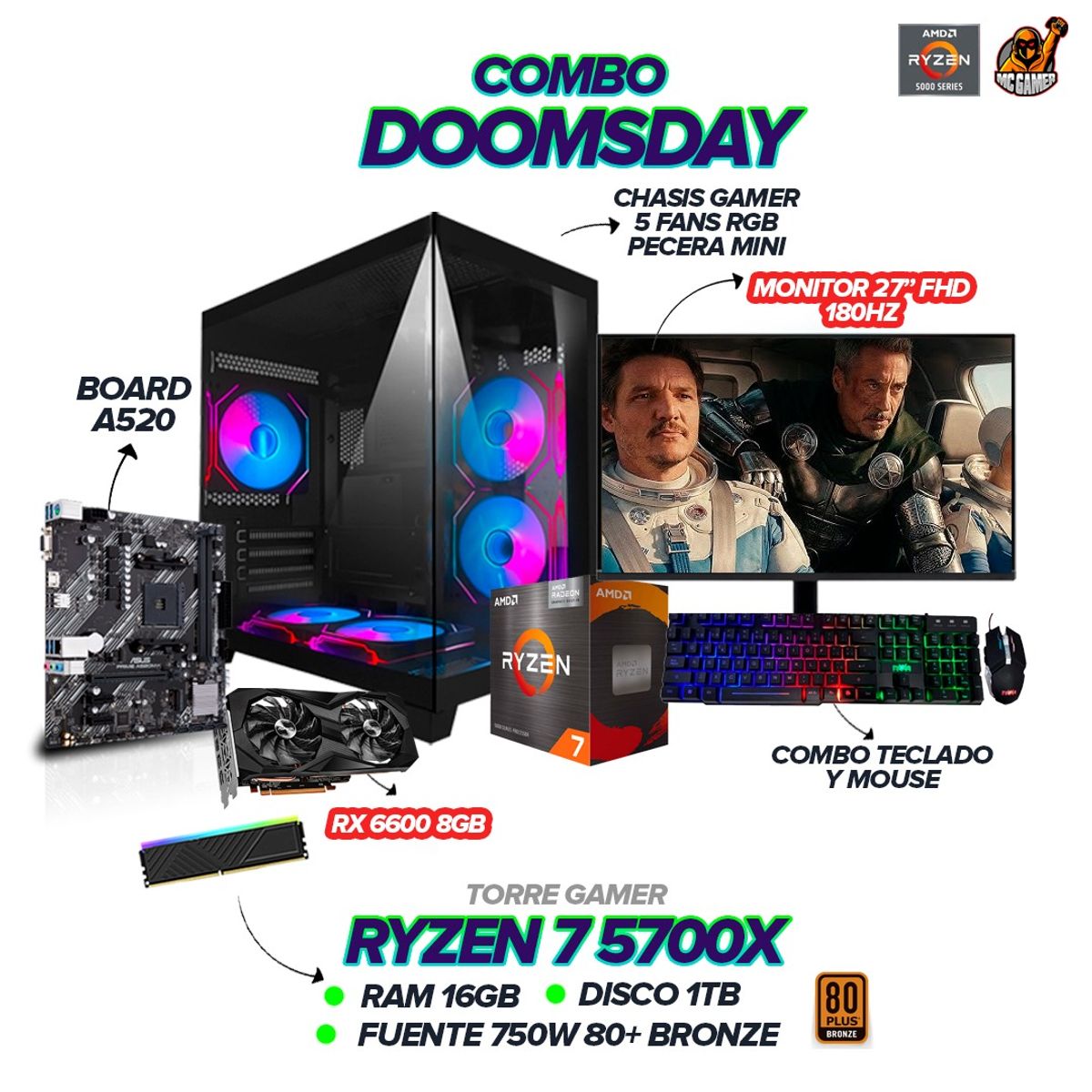 AMD - PC Gamer Ryzen 7 5700X / RX 6600 8GB / 16GB RAM / 1TB SSD / REF. LIQUIDA ICEBERG / MONITOR 27" FHD