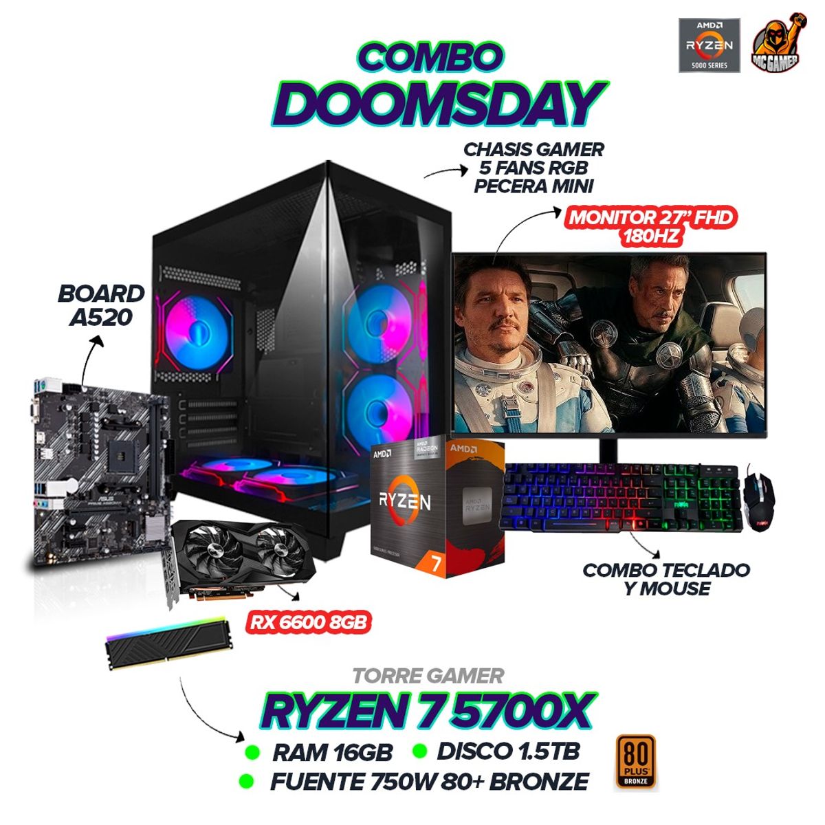 AMD - PC Gamer Ryzen 7 5700X / RX 6600 8GB / 16GB RAM / 1.5TB SSD / REF. LIQUIDA ICEBERG / MONITOR 27" FHD