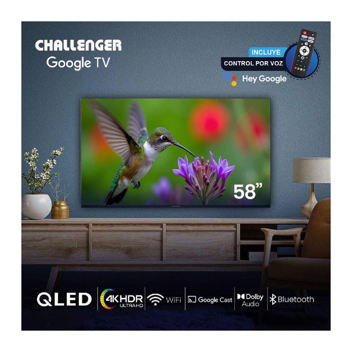 CHALLENGER - Televisor Challenger 58" 146 cm 4K UHD QLED Google TV QLED58KG290 BTGOOGLE