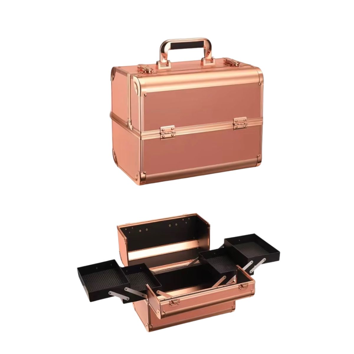 GENERICO - Maletín Profesional de Maquillaje Metálico Rose Gold  Organizador Cosmético Portátil