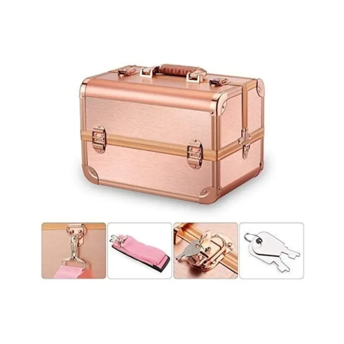 GENERICO - Maletín Profesional de Maquillaje Metálico Rose Gold  Organizador Cosmético Portátil
